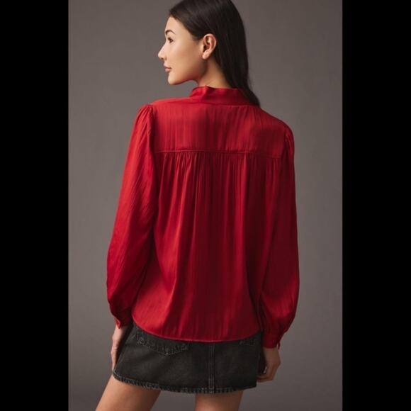 Anthropologie Relaxed Shimmer Blouse Red Satin Henley Button Front Popver Top XS - Picture 2 of 16